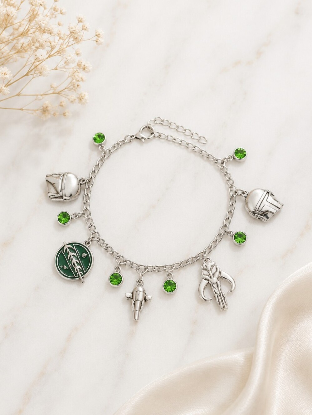 Star Wars Inspired Mandalorian Charm Bracelet Silver Green Sci Fi Collector